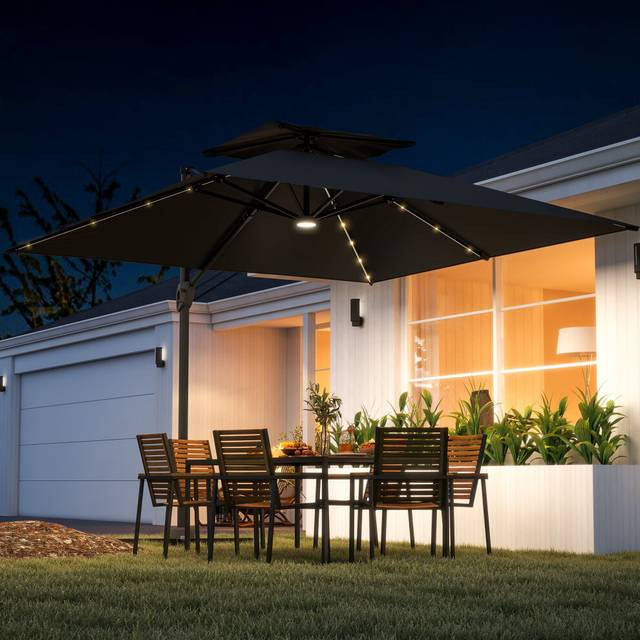 Alfresco 3.5m Aluminium Cantilever Parasol with LED Lights Crank Tilt UV50 Plus Black, none