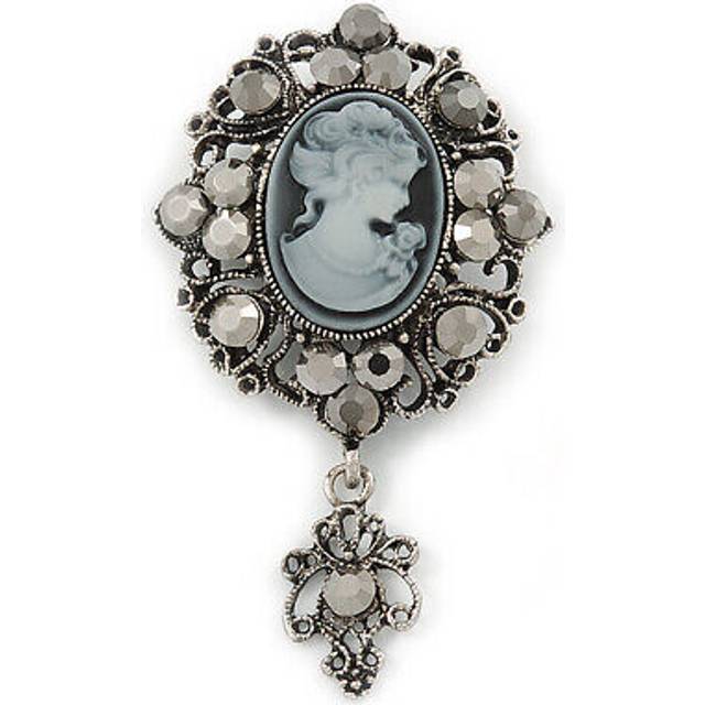 Vintage inspired hematite crystal cameo with charm brooch in antique silver
