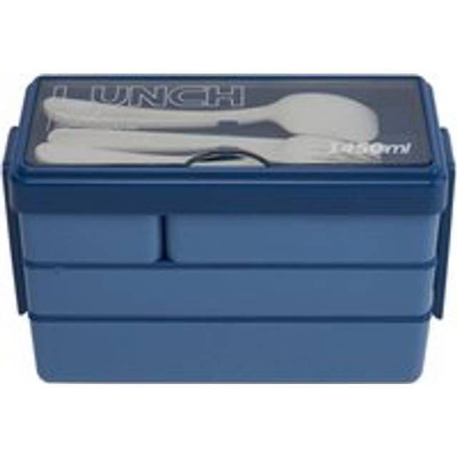 (Blue) Bento-Style Plastic Lunch Box with Cutlery 3-Layer