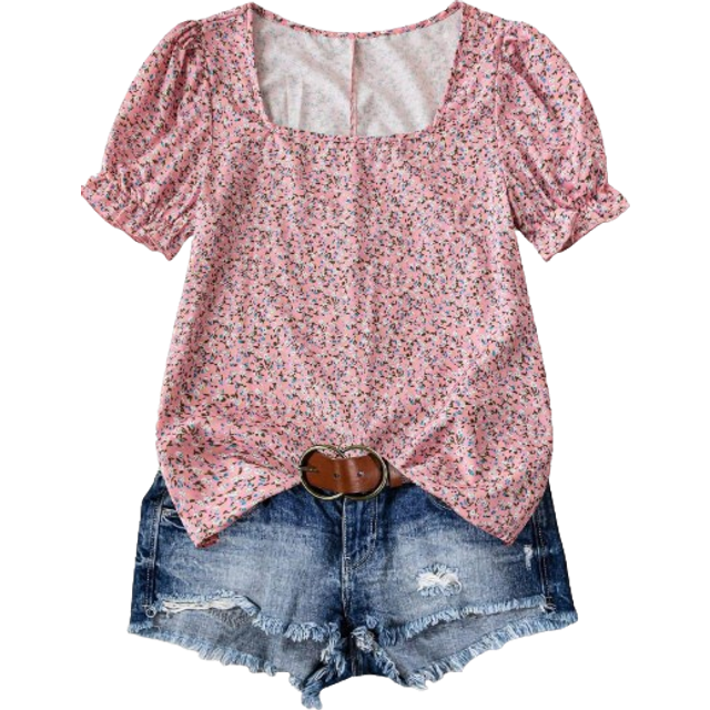 EMERY ROSE Women Casual Floral Puff Sleeve Blouse,Short Sleeve Tops