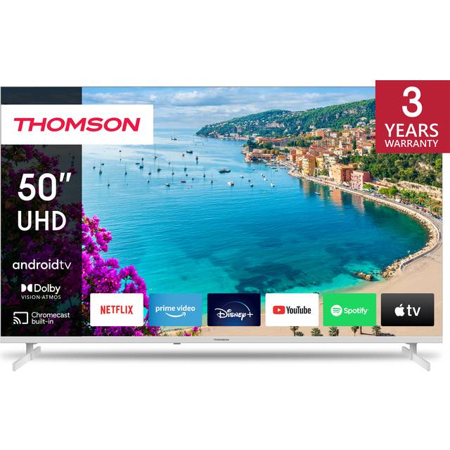 THOMSON 50 Tum (126 cm) 4K Ultra HD Vit Smart Android TV, Google Assistant, Wi-Fi, Dolby Digital, Bluetooth, Triple-Tuner (Kabel/Satellit/Antenn), HDMI, CI+, A+ Panel – 50UA5S13W