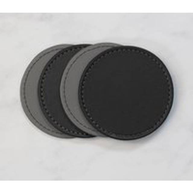 Set of 4 Black & Grey Faux Leather Reversible Round Coasters