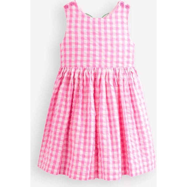Mini Boden Kids' Zadie Cotton Gingham Applique Dress, Pink Strawberry