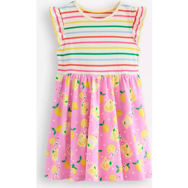 Mini Boden Kids' Posie Cotton Frill Sleeve Dress, Chalk Pink Lemonade