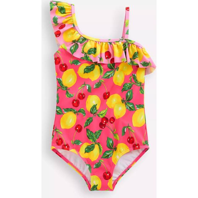 Mini Boden Kids' Lila One Shoulder Fruit Print Swimsuit, Lemon And Cherry