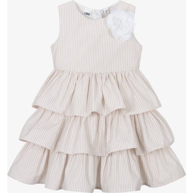 Ido Baby Girls Beige Stripe Cotton Dress With Floral Corsage - 12 month