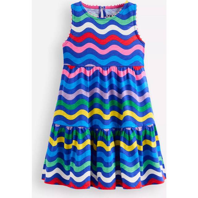 Mini Boden Kids' Ali Pom Trim Jersey Dress, Blue Wave Stripe