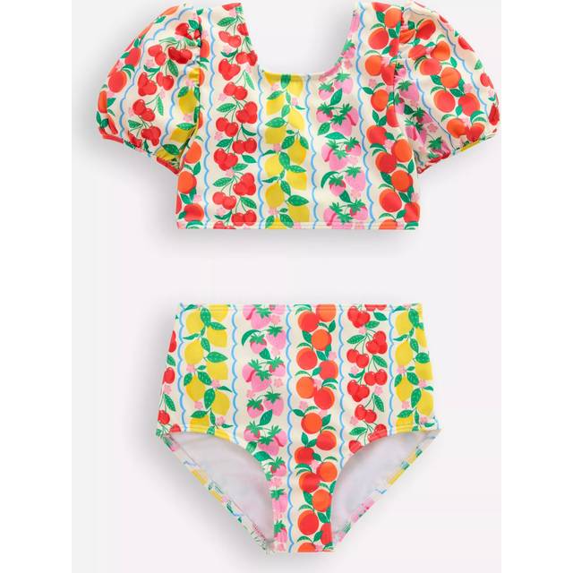 Mini Boden Kids' Sandy Puff Sleeve Bikini, Rainbow Fruit Stripe