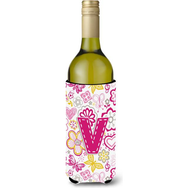 Letter V Flowers and Butterflies Pink Wine Bottle Beverage Insulator Hugger CJ2005-VLITERK