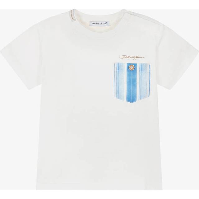 Dolce & Gabbana Boys White Cotton T-Shirt With Blue Stripe Pocket - 12-18 month