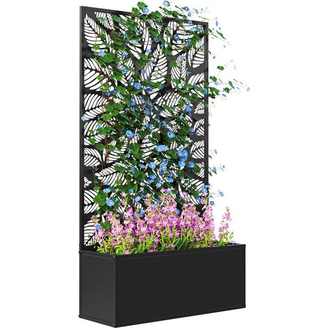 Outsunny Metal Elevated Planter Box Leaf Cut-Out Raised Garden Bed with Trellis 0.7 x 1.9ft - Black - 113 x 23 x 61cm