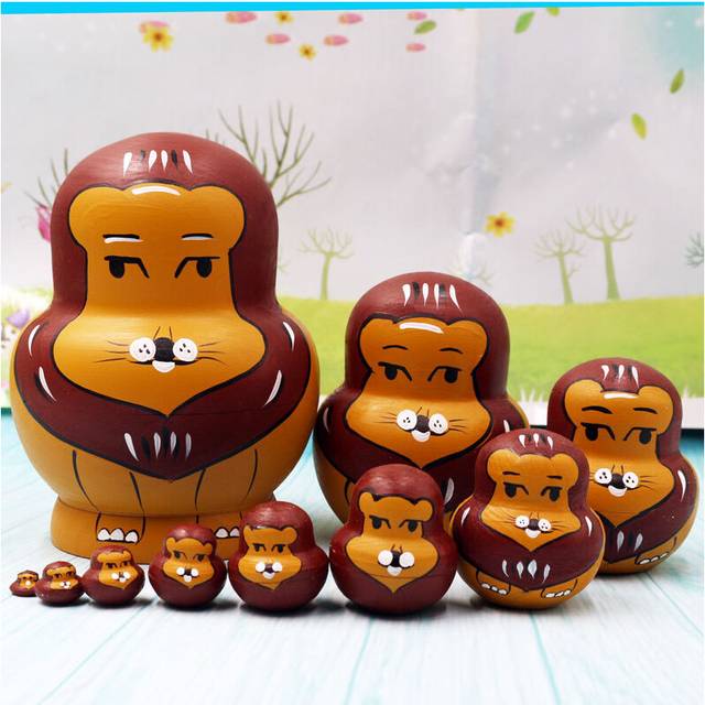 (Lion) 10Pcs/Set Cute Cartoon Russian Nesting Dolls Wooden Handmade Toy
