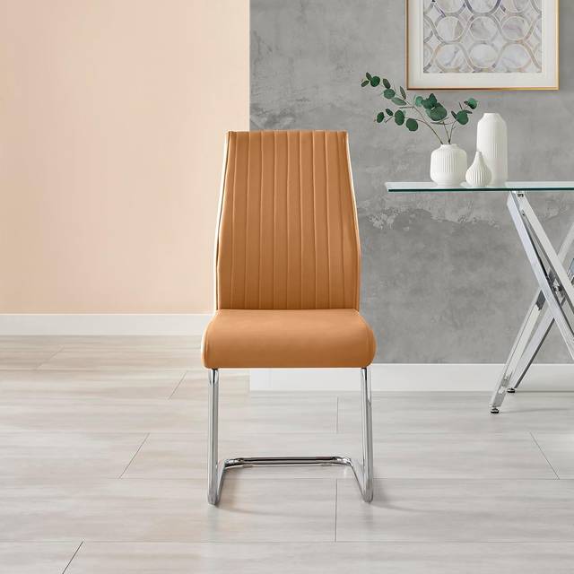 Loren Faux Leather Dining Chairs with Chrome Legs Upholstered Modern Design - Brown (97.5cm H X 44cm W X 56cm D)