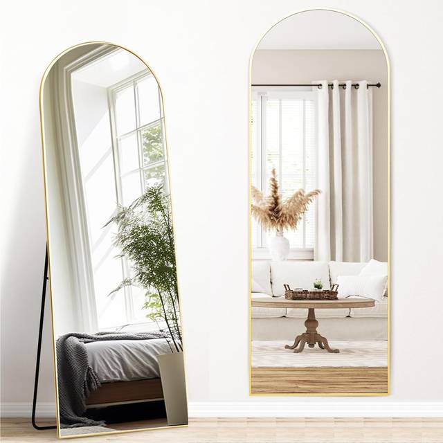 Melodieux Arch Full Length Mirror 147 x 44 cm Large Freestanding Gold Aluminium Frame Dressing Wall Mounted Mirror for Living Room Bedroom