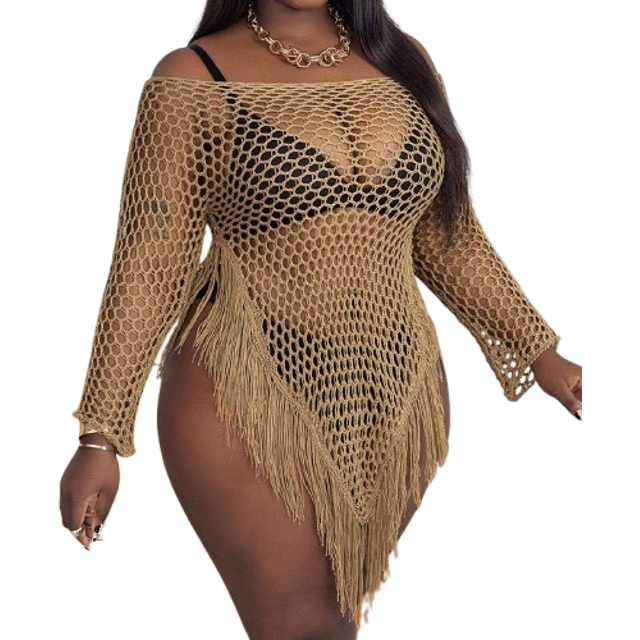Slaydiva Plus Size Women Casual Knitted Off-Shoulder Tassel Asymmetrical Hem Long Sleeve Sexy Sweater Dress