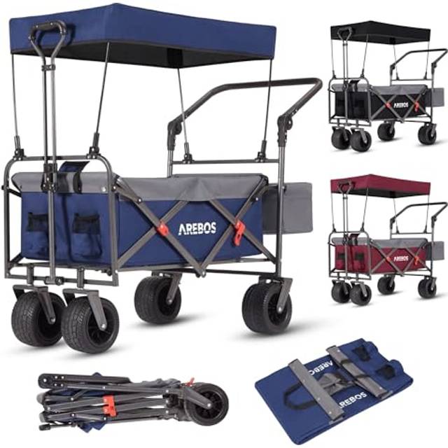Arebos - Luxury outdoor utility wagon with canopy Folding Stroller cart trolley blue/gray