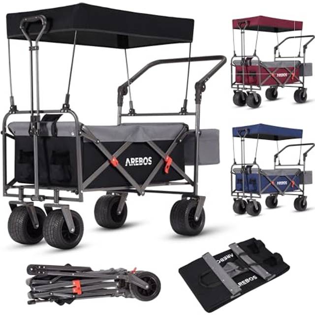 Arebos - Luxury outdoor utility wagon with canopy Folding Stroller cart trolley black/grey