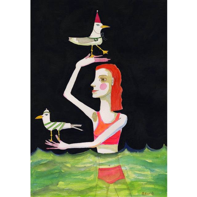 Affisch - Swimming Lady With Birds - 50x70