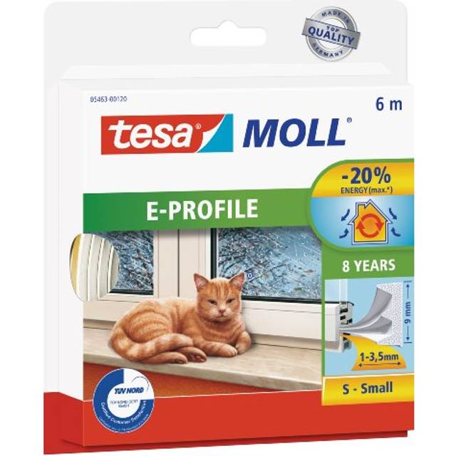 tesamoll E-Profile Seal - Self Adhesive Rubber Draught Excluder for Insulating Gaps in Windows and Doors - White - 6 m x 9 mm x 3.5 mm