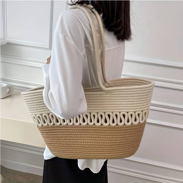 (A) Knitting Fabric Beach Bag Large Capacity Handmade Straw Summer Holiday Leisure Bag