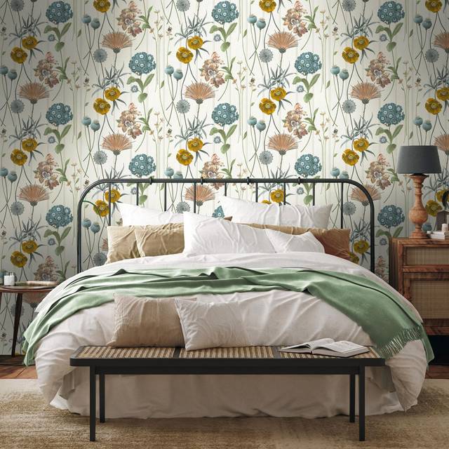 White green floral wallpaper beaded wood panel effect bees smooth finish bedroom