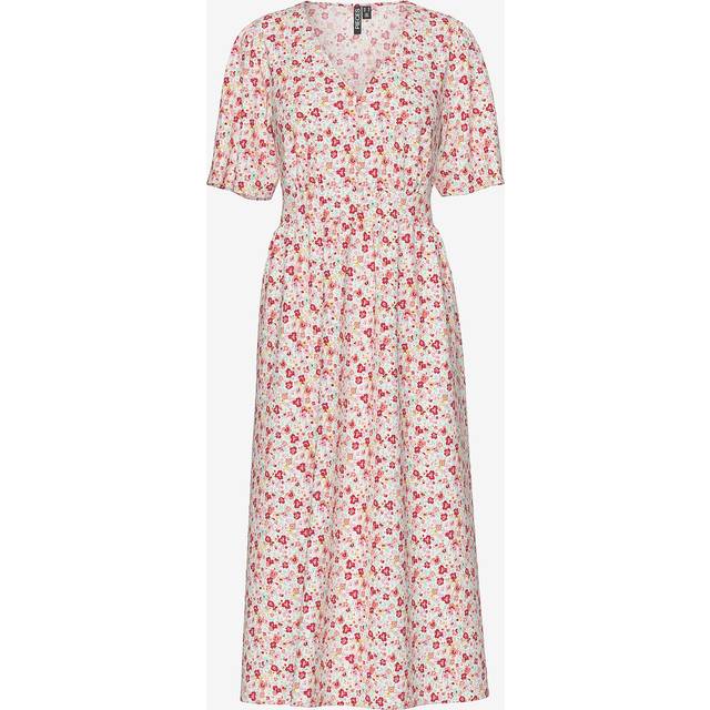 Buttoned Midi Dress - White With Flowers