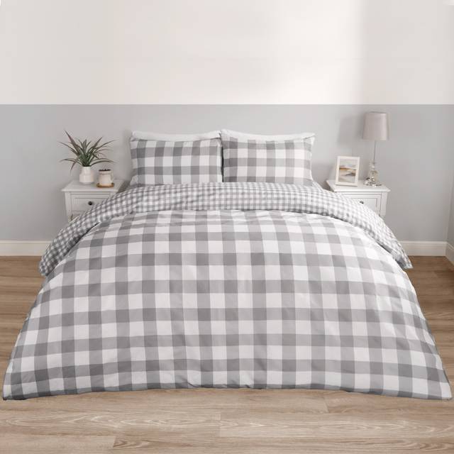 Gingham Duvet Cover Reversible Bedding Set - Grey - Single