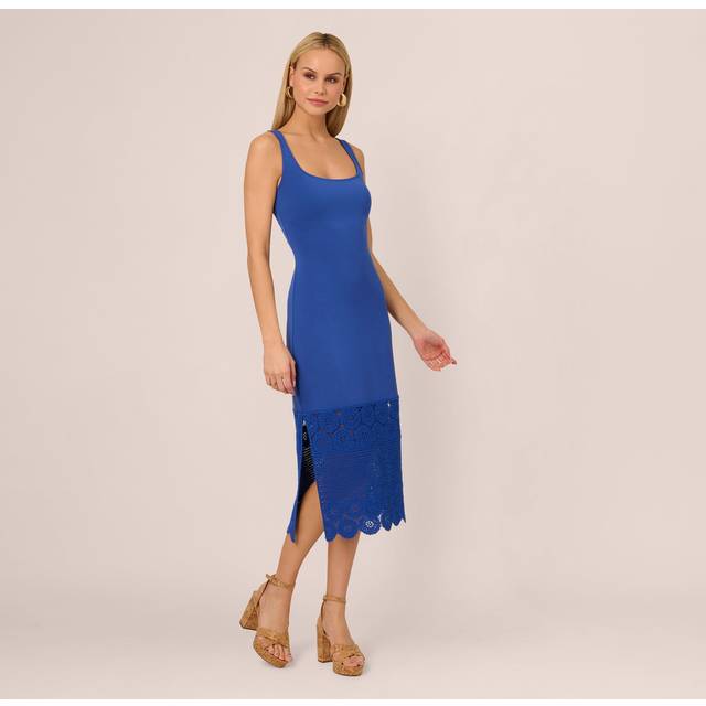 Crochet Trimmed Sheath Midi Dress With Tank Straps In Cobalt - 12