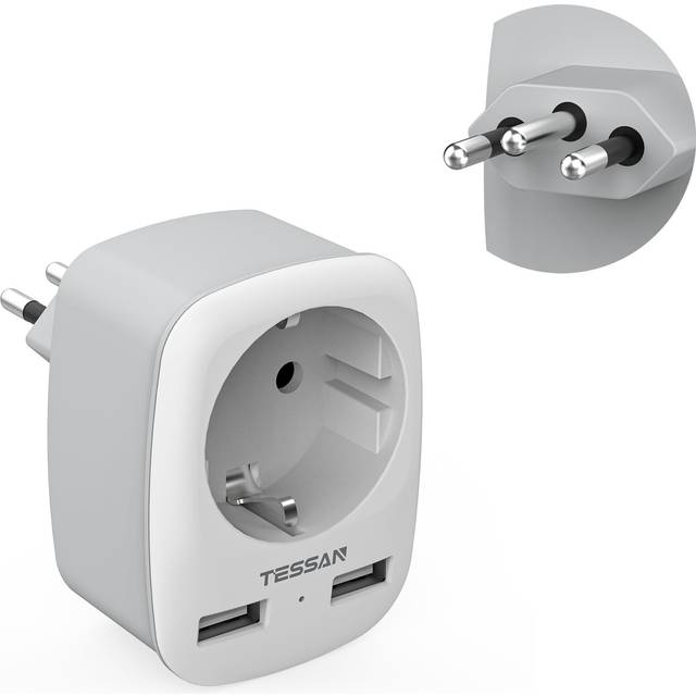 TESSAN 3 in 1 Brazil Plug Adapter, 1 Compartment Adapter Brazil Socket, Type N Travel Adapter for South Africa, Grey 1 Outlets & 2 USB Ports gray