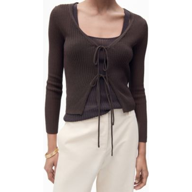 Rib-knit cardigan with bows chocolate - Woman - S - MANGO - Chocolate