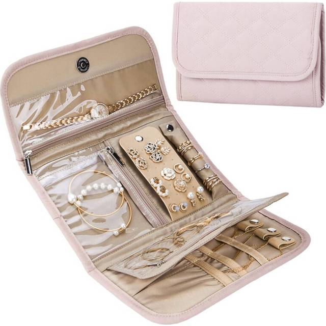 Travel Jewelry Box Organizer, Foldable Storage Roll for Earrings, Necklaces, Rings, Bracelets, Brooches, Pink