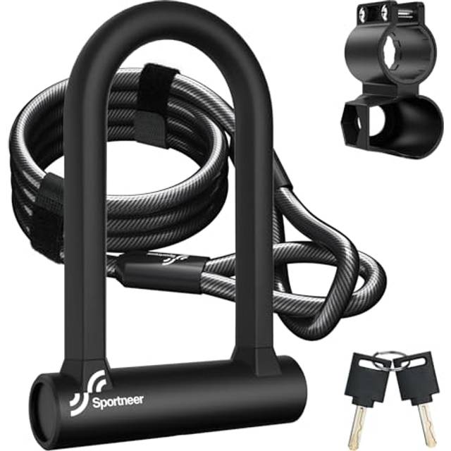 Sportneer Bike Lock, Heavy Duty D Lock with 5 Ft Security Steel Cable Mounting Bracket for Road Bike, Electric Bike, Mountain Bike, Folding Bike