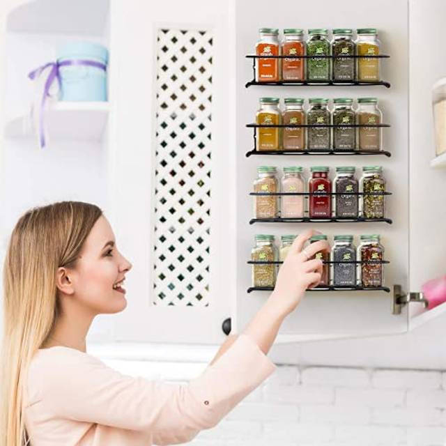Spice Rack Wall Metal 4 Kitchen Shelf Organiser Hanging Self-Adhesive Spice Rack Cupboard Door No Drilling for Kitchen Shelf, Cupboard Insert,