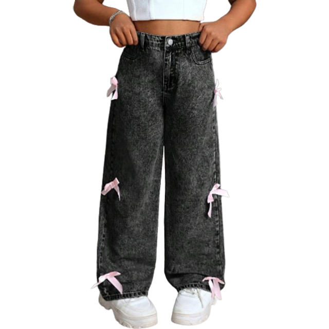 SHEIN Tween Girls Y2K Fashion Stonewashed Baggy Denim Straight Leg Jeans Pants With Bowknot Decorated Pockets, Girls Fall Clothes Back To School Outfits