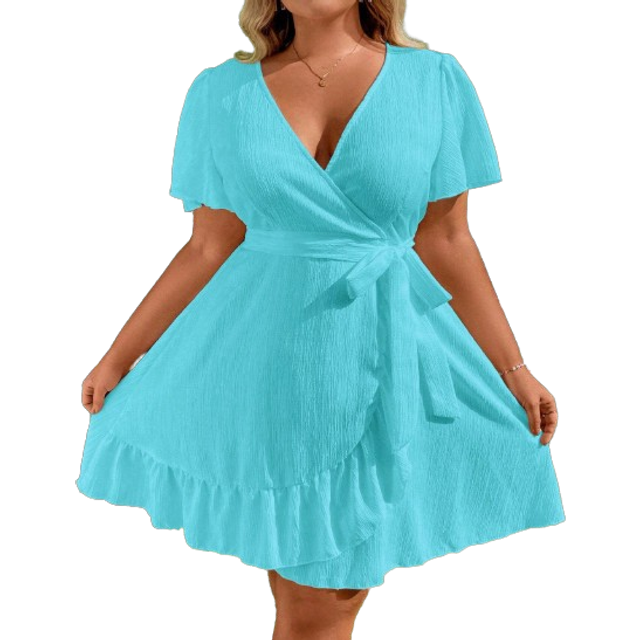 Sunnyshic Plus Size Butterfly Sleeve Ruffle Hem Belted Dress Vacation Beach Outfits Women
