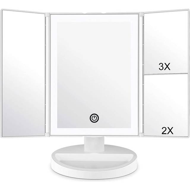 WEILY Makeup Vanity Mirror with LED Lighting and Touch Screen, Tri-Fold 1x 2x 3x Magnification,180? Adjustable Rotation,Battery and USB