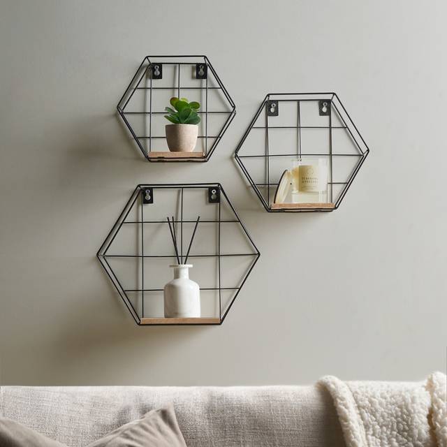 OHS Hexagon Iron Wall Rack Shelf, 3 Piece - Black