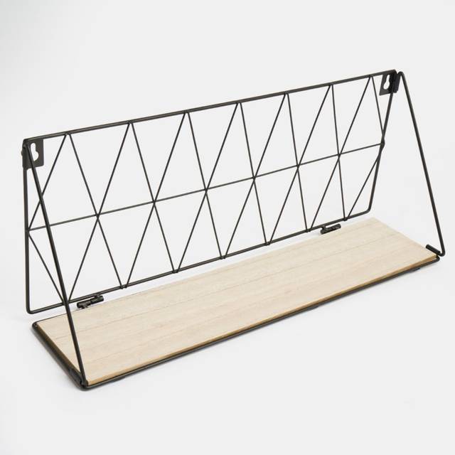 Geometric Wire Shelf Wall Unit Wood Tier Storage Display Office Living Room Home - Black - One Size