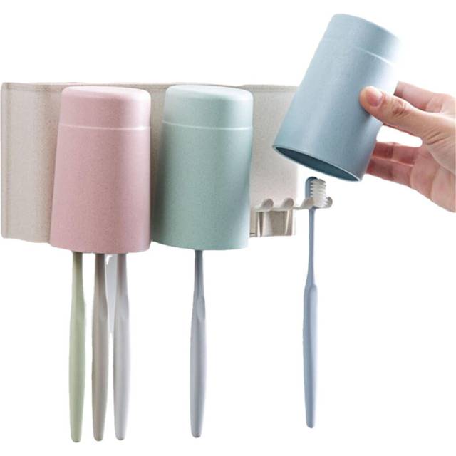 (3 Cups) Wheat Straw 6 Toothbrush Holder 2 Cups Suction Stand Home Bathroom Wall Mount