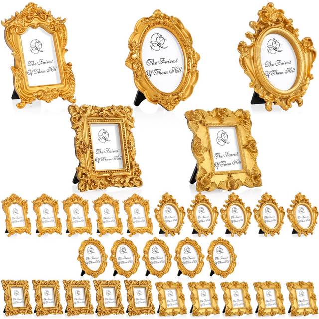 Maitys 25 Pcs Mini Picture Vintage Frames Tiny Antique Photo Baroque Ornate Resin Oval Frame Table Top Display Home Wedding Decor (Gold)
