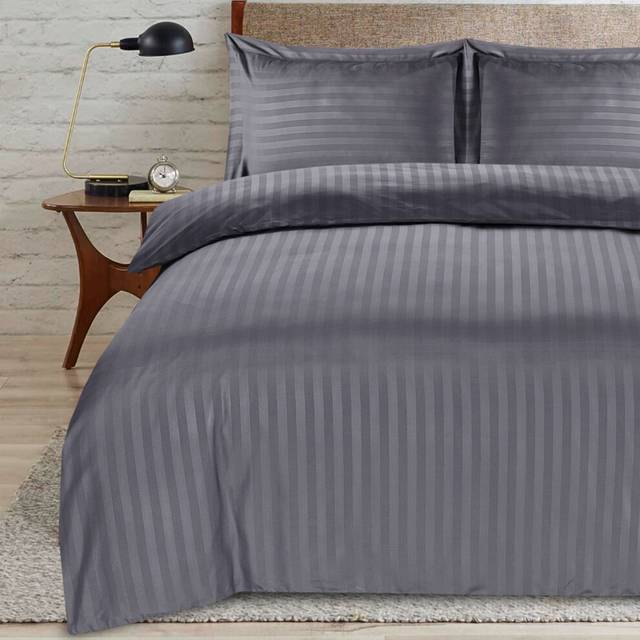 (Grey, Super King) Satin Strips Duvet cover Set