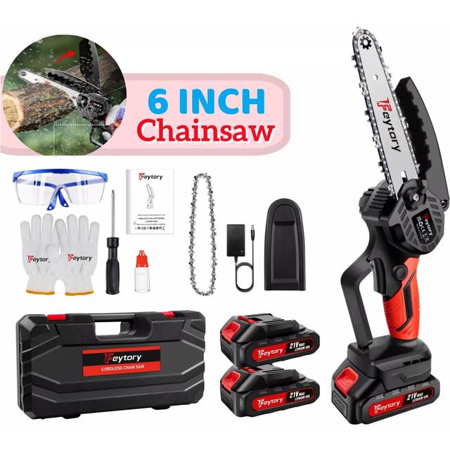 (Orange with 2 Batteries) 6 Inch Battery Chainsaw, Cordless Mini Chain Saw with Chains & Case for Tree Branch Cutting