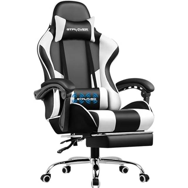 GTPLAYER Spelstol massage ergonomisk datorstol med fotstöd och ländryggsstöd justerbar spelstol med 360° svängbart säte och nackstöd för kontor vit