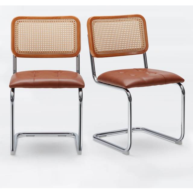 Faux Leather Upholstered Cantilever Dining Chair with Chrome Legs - Brown (82cm H X 46cm W X 44cm D)