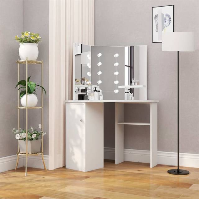 Corner Dressing Table With LED - White (142cm H X 111cm W X 54cm D)