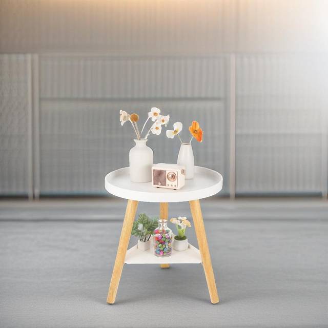 Small Round Wooden Two Tier Side End Table - White (44cm H X 40cm W X 40cm D)