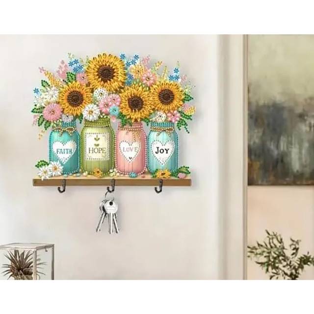 5d DIY Sunflower Inspiring Vases Diamond Painting Kit Wall Decoration With Hooks - Brown (24cm W X 24cm D)