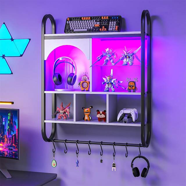 Floating Shelf With Light, Wall LED Shelf, Game Display Shelf, Bar Shelf With Light, Collectible Arch Shelf, Sturdy And Quick To Assemble, Strong Load - White (90cm H X 70cm W X 24cm D)