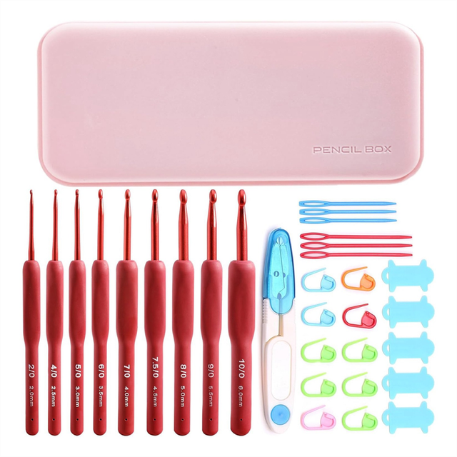 32PCS Crochet Hooks Set, Ergonomic with Case for Arthritic Hands, Extra Long Needles, B
