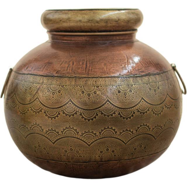 Anapaola Decor Home Ethnic Decorative Tin Vase for Bohemian and Modern Style, Ideal for Indoor and Outdoor Decoration - Brown (29cm H X 33cm W X 33cm D)